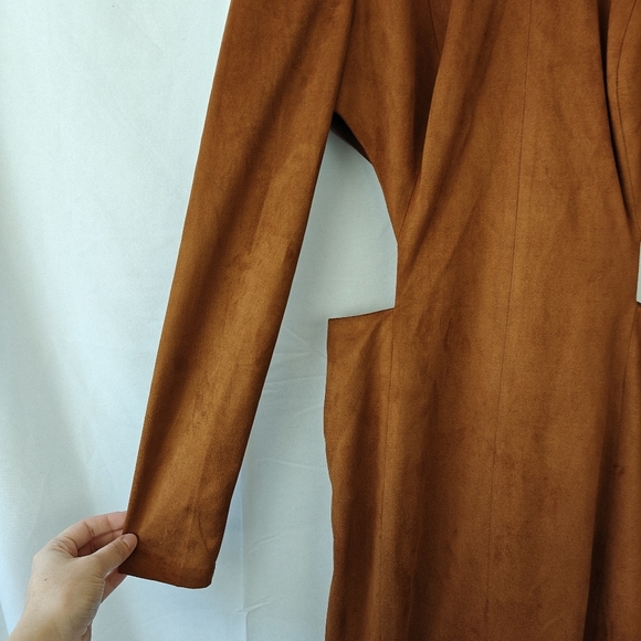 House Of CB London Brown Suede Midi Dress High Neck Cutout Slit Size Small - Picture 8 of 16
